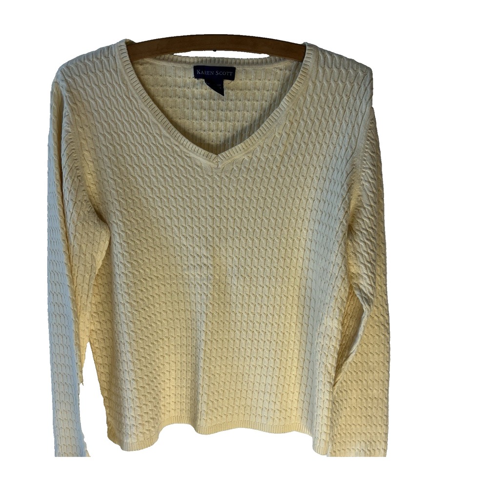 Vtg Karen Scott Cable Knit Sweater Women‎ L Butter Yellow V-Neck Cotton Pullover